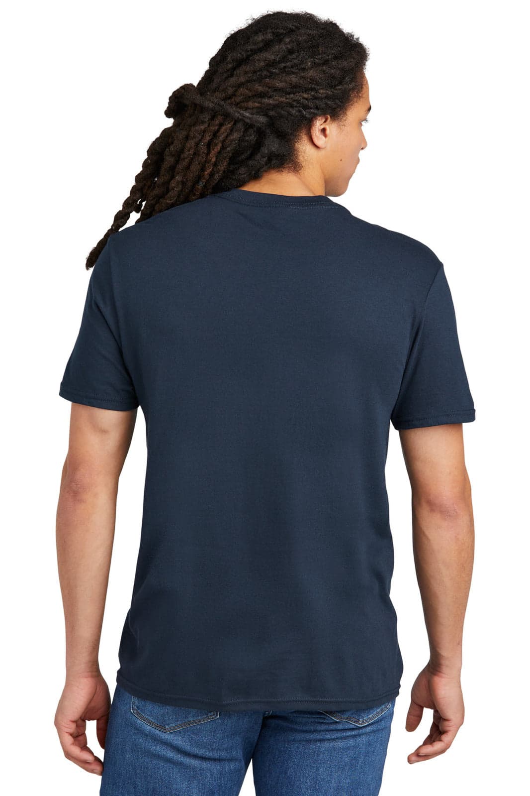A navy blue t-shirt featuring a crew neck and short sleeves, shown from the back. It has a logo on the neck area.