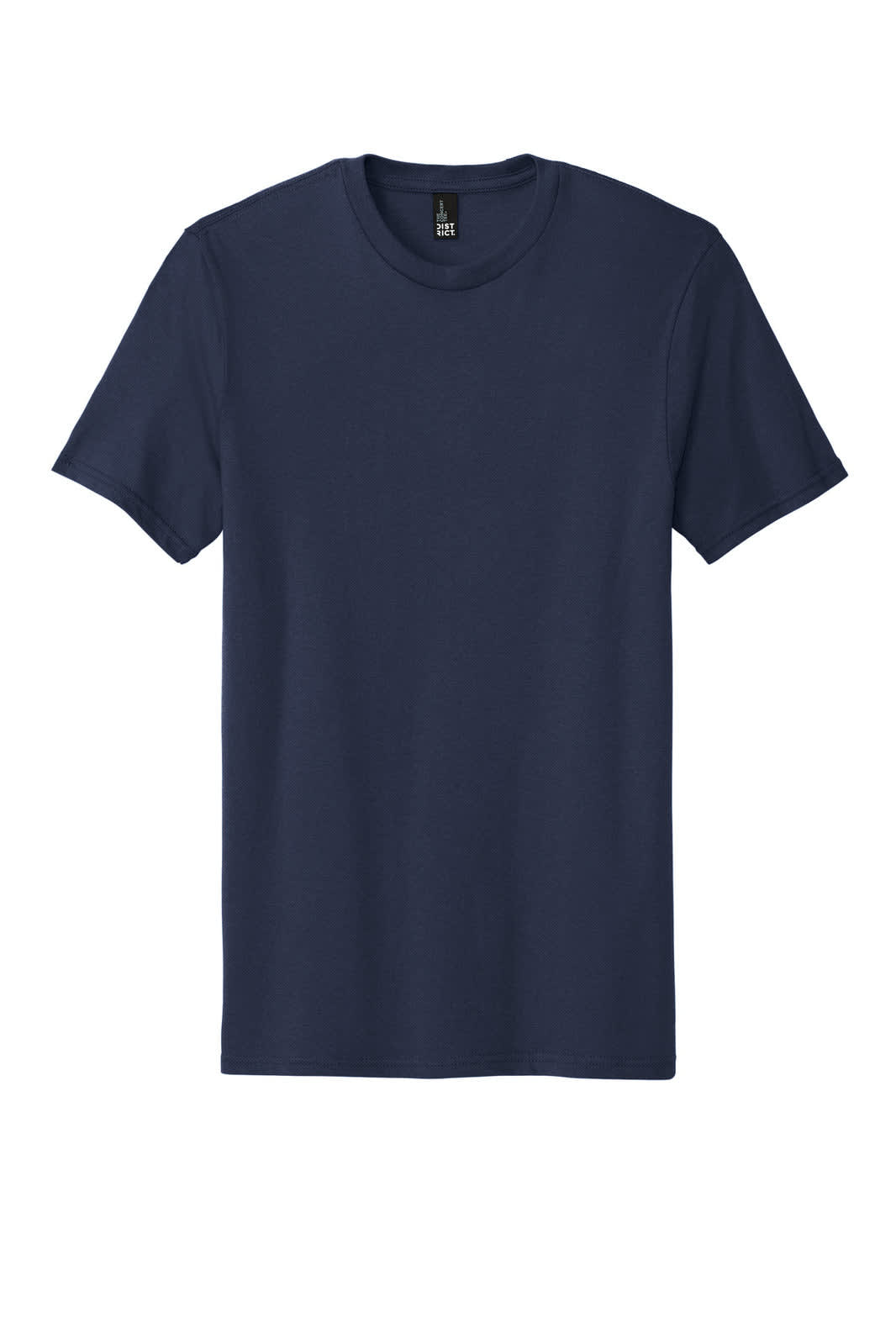 A navy blue short-sleeved t-shirt with a classic crew neck, featuring a logo.