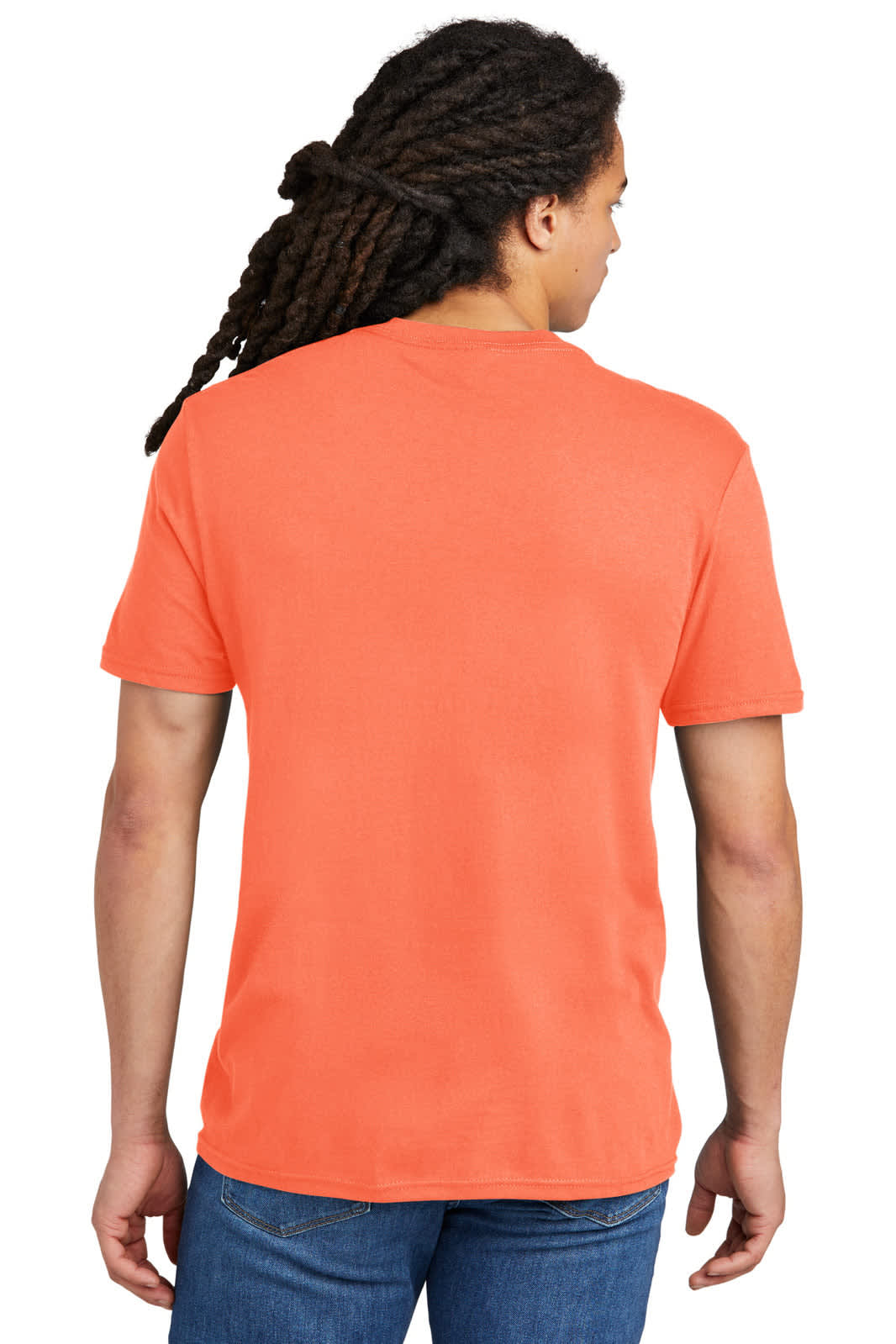 A young man wearing a vibrant orange T-shirt, viewed from the back. The shirt features a logo.