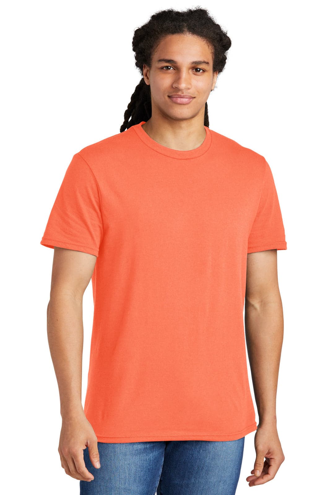 An orange t-shirt featuring a round neckline and short sleeves, displayed on a male model with dreadlocks.