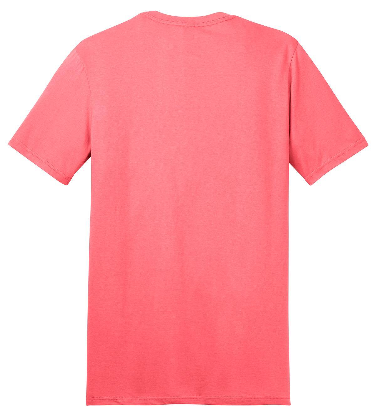 A coral t-shirt featuring a simple design and a logo. It has short sleeves and a classic fit.