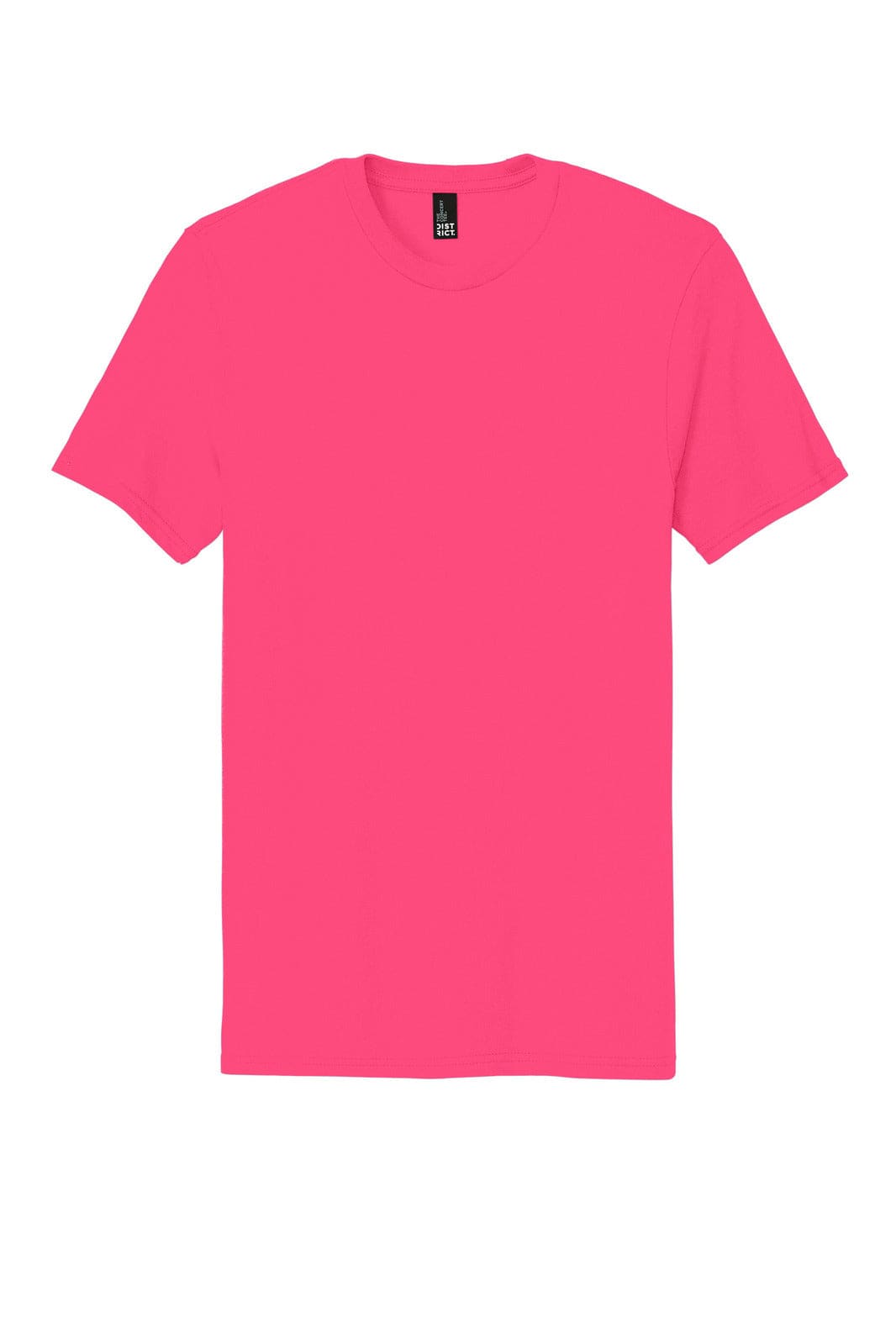 A bright pink t-shirt featuring a crew neck and short sleeves, with a small logo on the label.