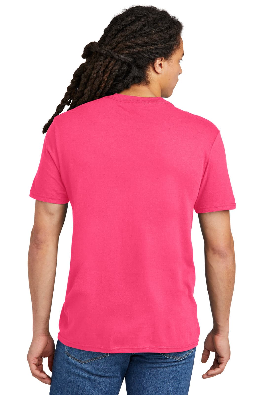 A bright pink t-shirt featuring a branded logo, displayed from the back on a model with long hair.