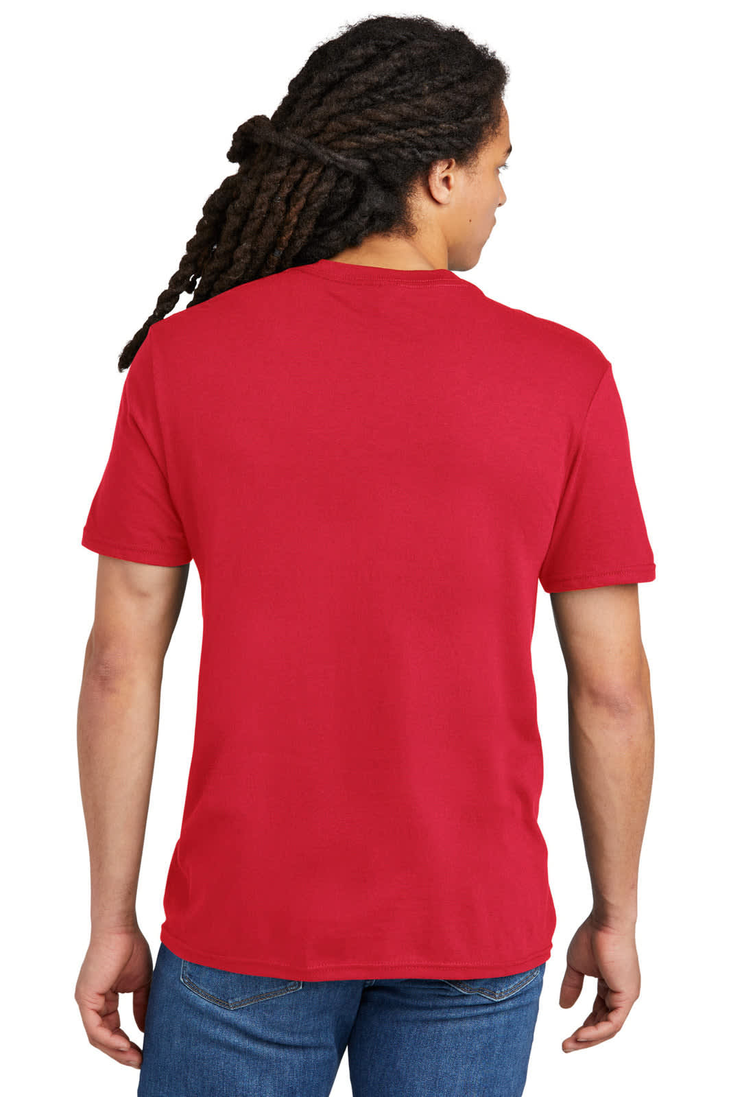 A red t-shirt designed for young men, featuring a simple crew neck and a plain back.