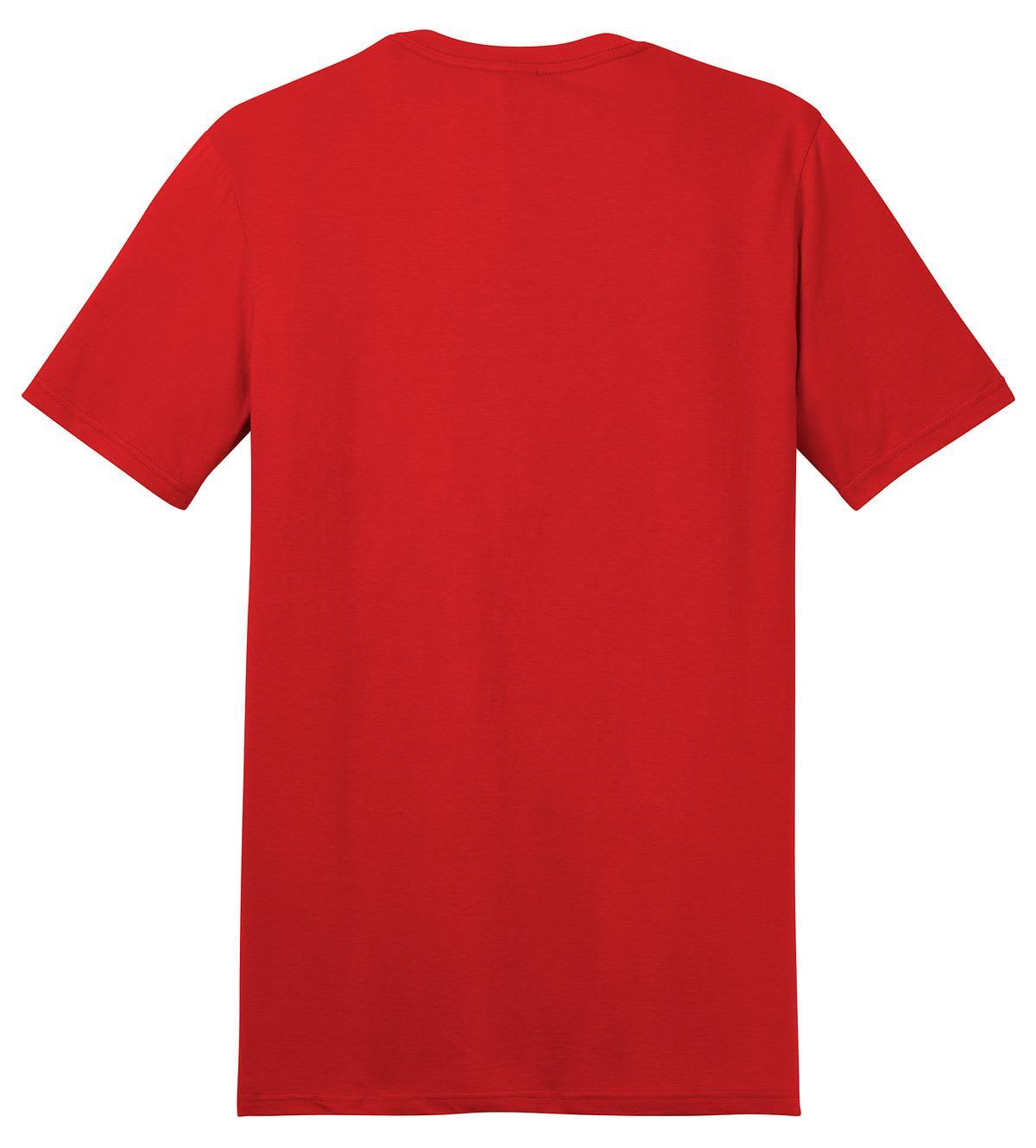 A red t-shirt with a round neck and short sleeves, featuring a logo on the back.
