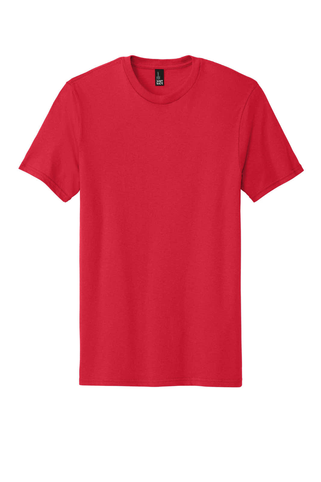 A red t-shirt with a classic crew neck and short sleeves, featuring a logo on the label.