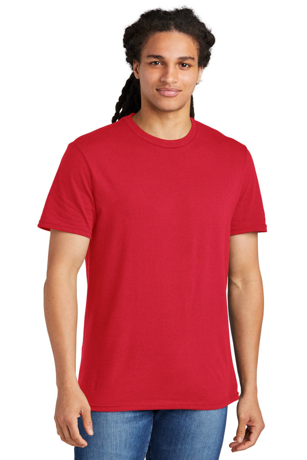 A red T-shirt for young men, featuring a logo and a classic crew neckline.
