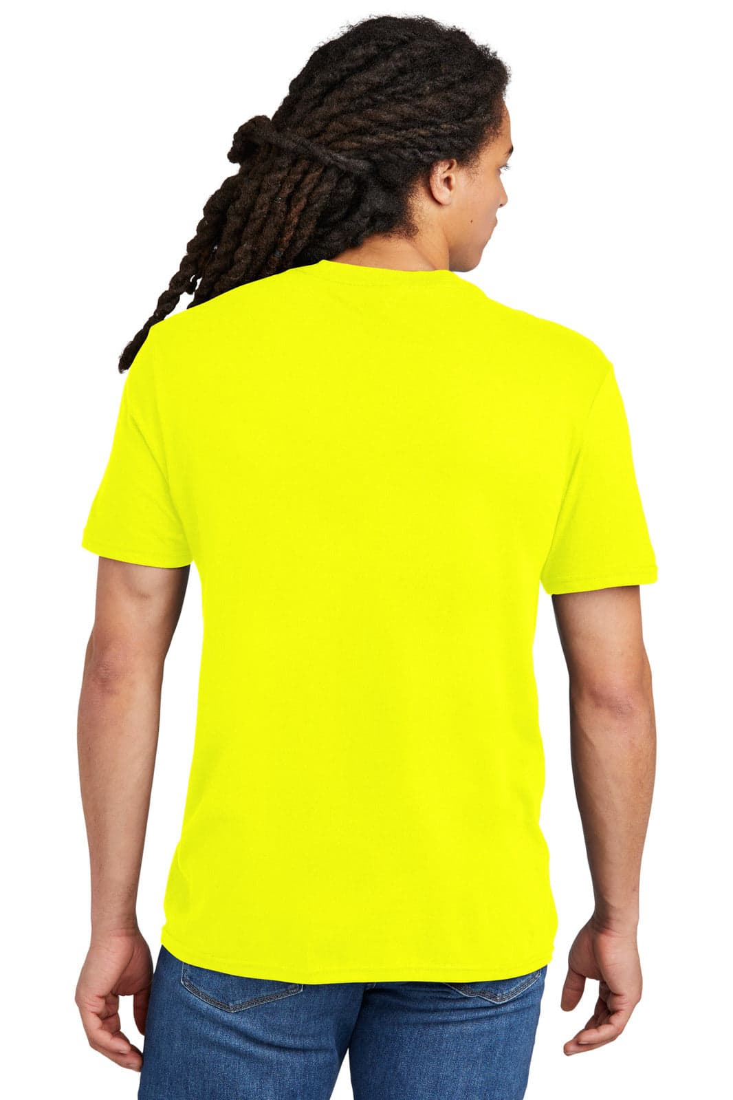 A bright yellow t-shirt featuring a classic crew neck and short sleeves, shown from the back.