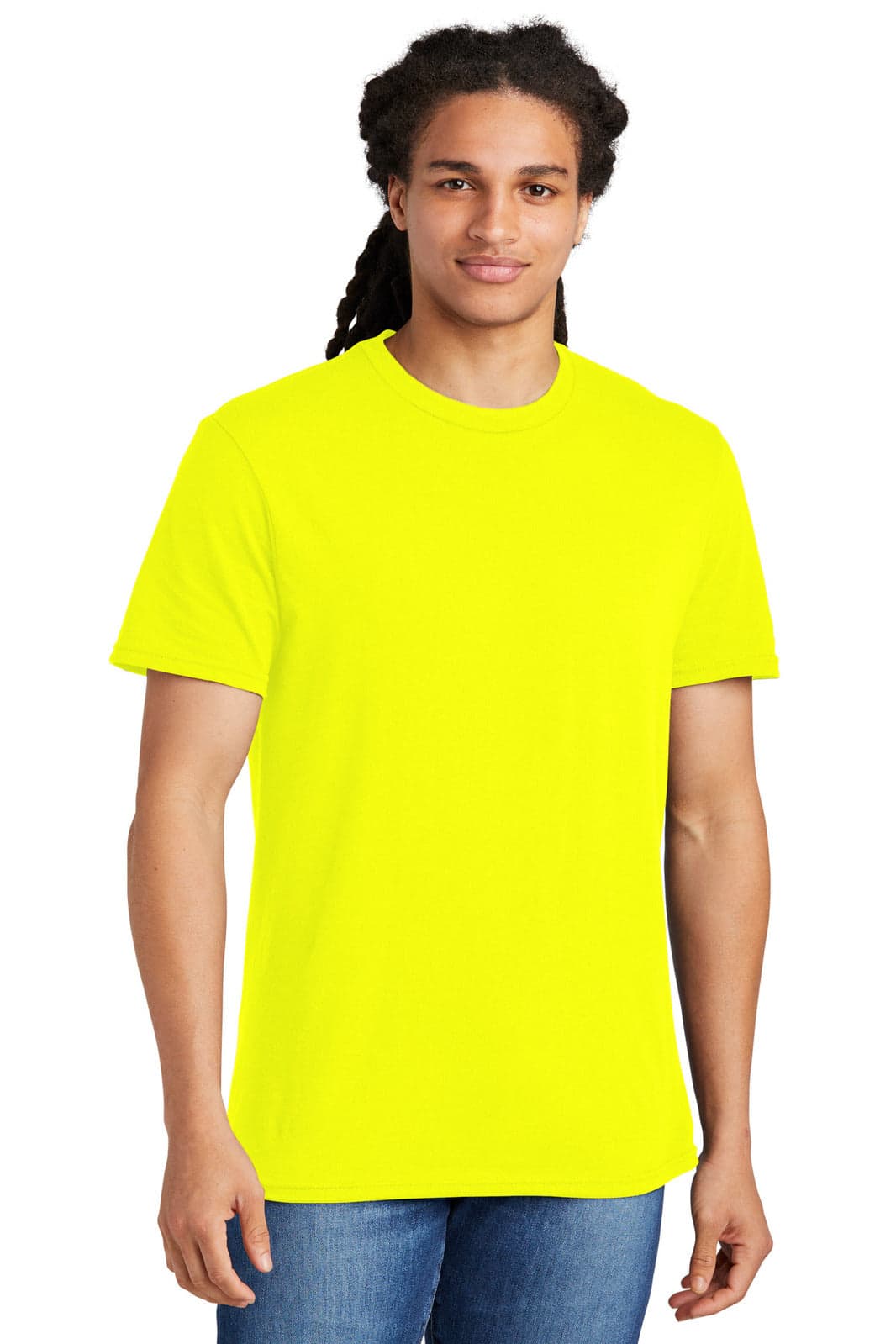 A young man wearing a bright yellow T-shirt. The shirt features a crew neck and short sleeves.