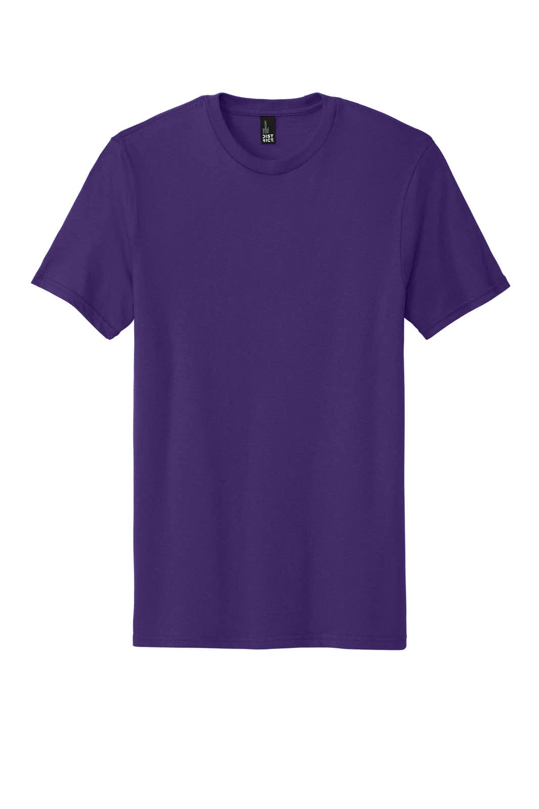 A purple T-shirt with a crew neckline and short sleeves, featuring a branding logo.