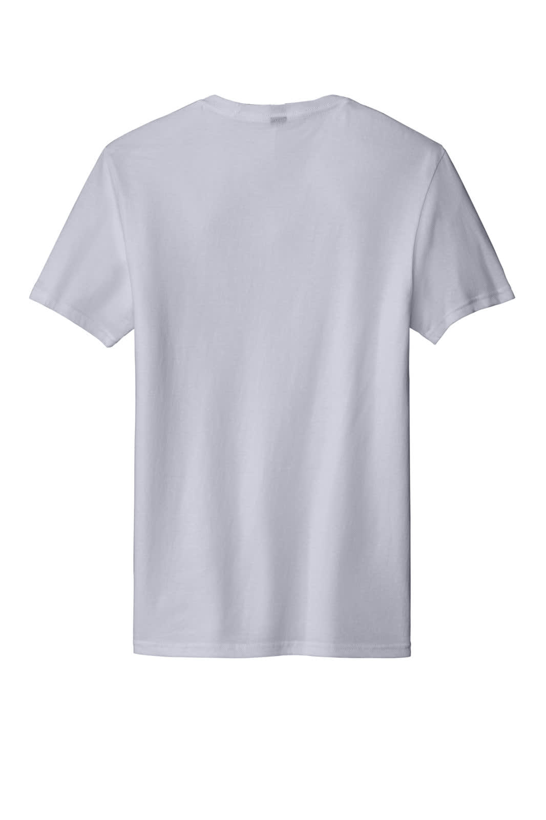 A plain white t-shirt with short sleeves, featuring a logo on the back.