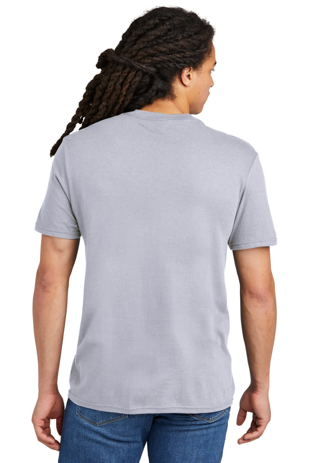 A grey T-shirt featuring a classic crew neck design and short sleeves, with a logo on the back.