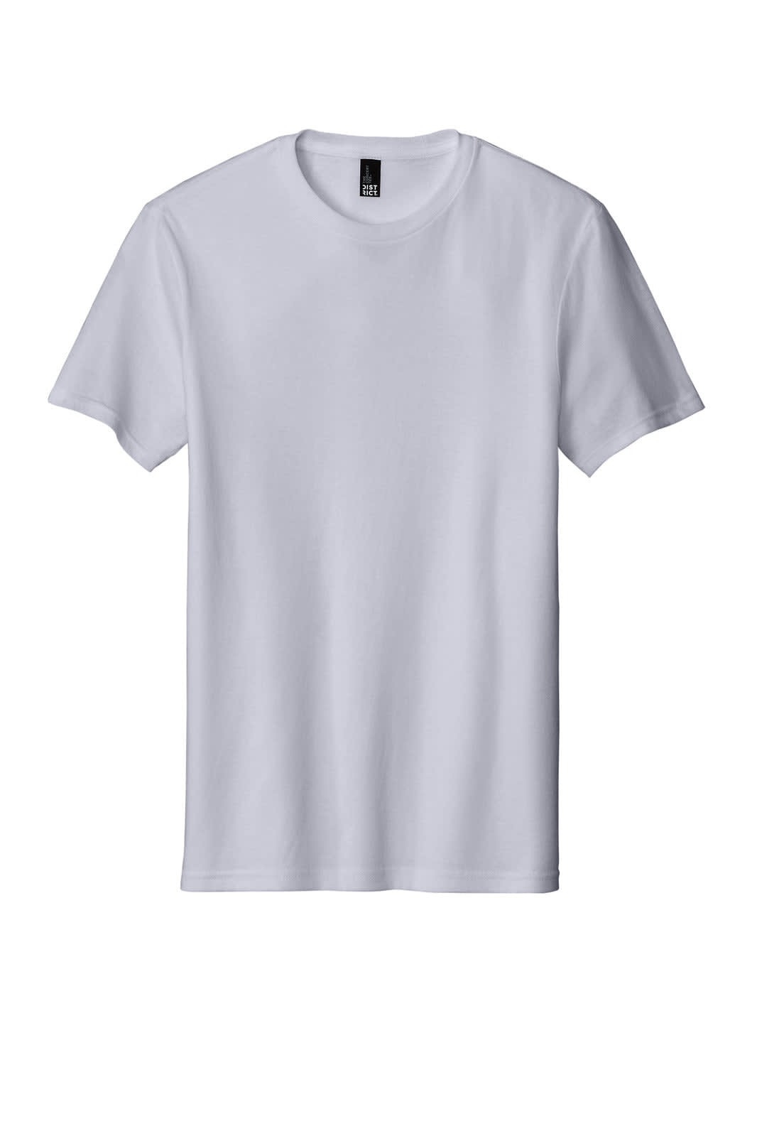 A white short-sleeve t-shirt with a branding label on the neckline.
