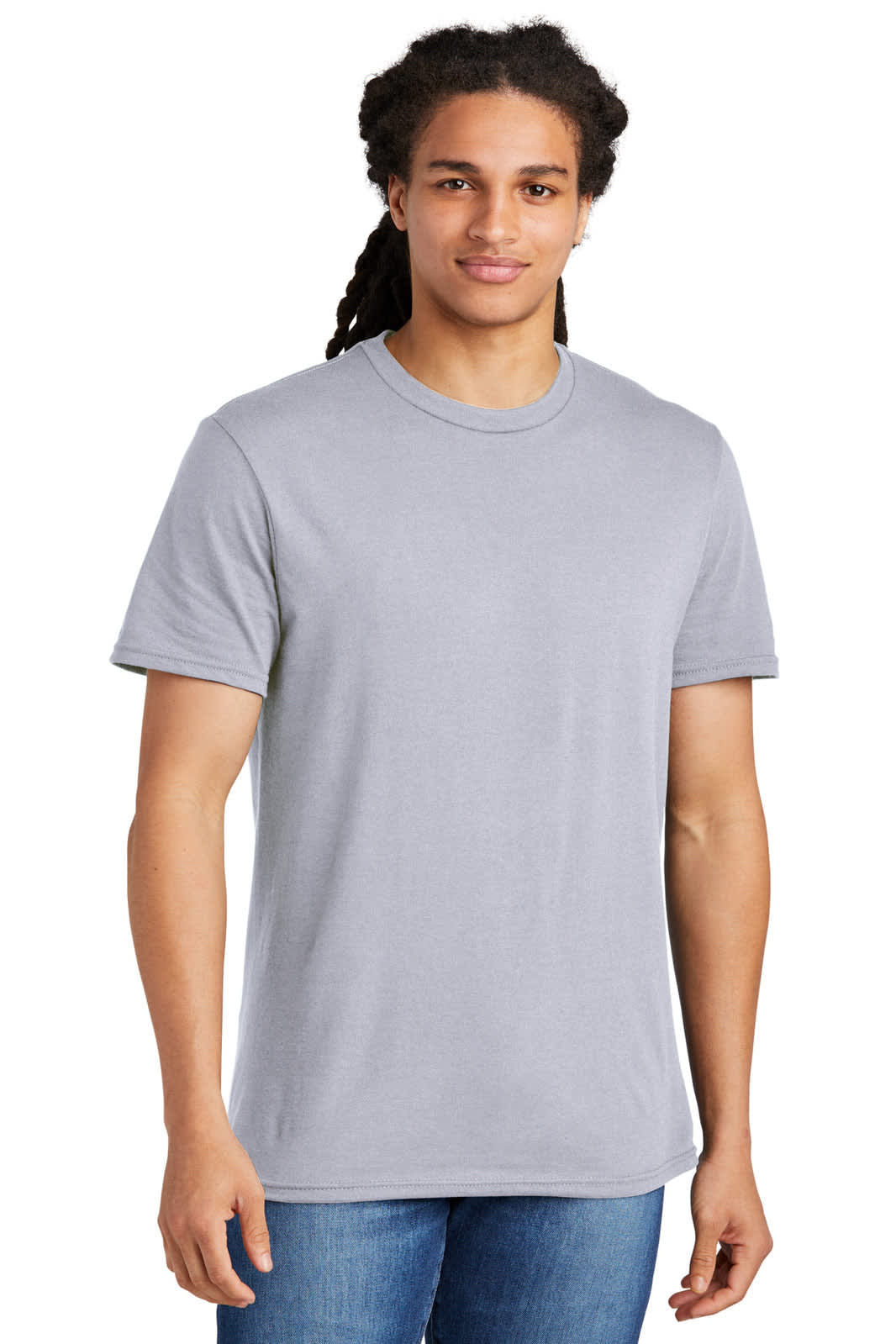 A grey t-shirt featuring a classic crew neck design and short sleeves, worn by a young man with dreadlocks.