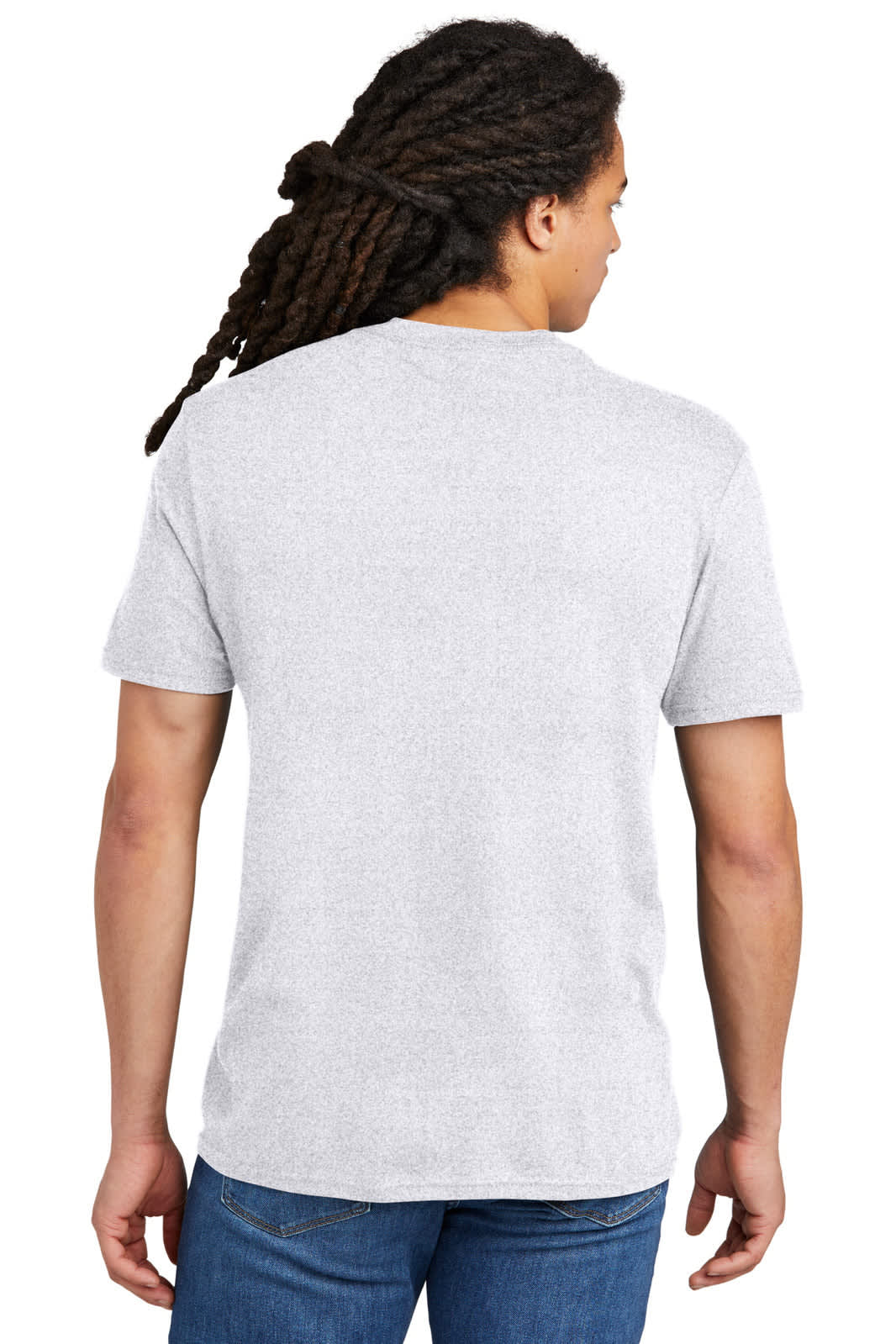 A grey T-shirt with short sleeves, viewed from the back, worn by a man with long, curly hair.