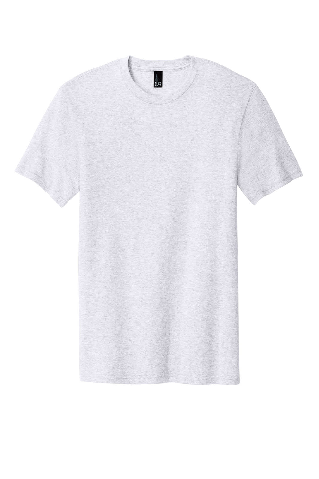 A light grey short-sleeved t-shirt with a simple design and a label at the neck. It has a logo.