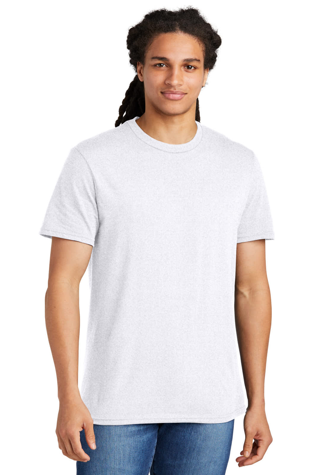 A young man wearing a light grey T-shirt, standing with a neutral expression. The T-shirt features a logo.