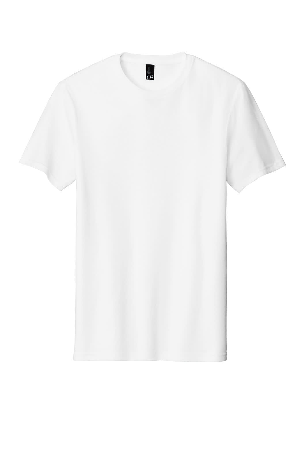 A plain white t-shirt with short sleeves and a crew neck, featuring a branding label.