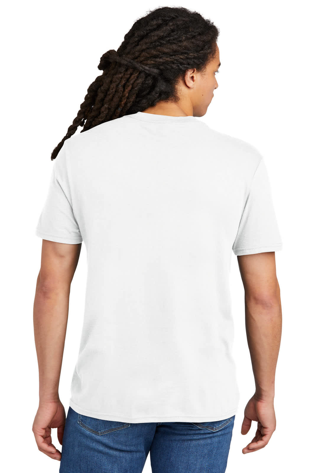 A white t-shirt featuring a crew neck, shown from the back, worn by a person with long hair.