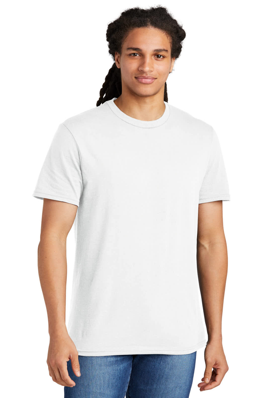 A young man wearing a plain white t-shirt. The t-shirt has short sleeves and a crew neckline.