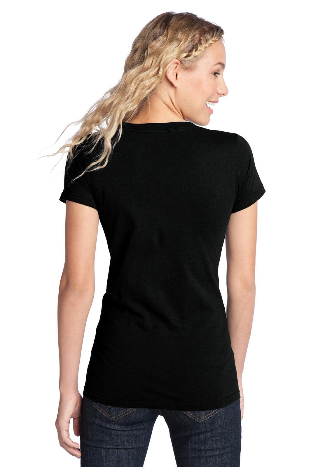 A black juniors' t-shirt with a fitted style, featuring short sleeves and a slight scoop at the back.
