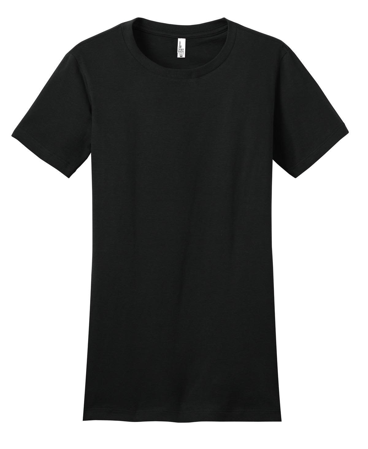 A black juniors t-shirt with a classic crew neckline and short sleeves. Features a logo on the interior label.