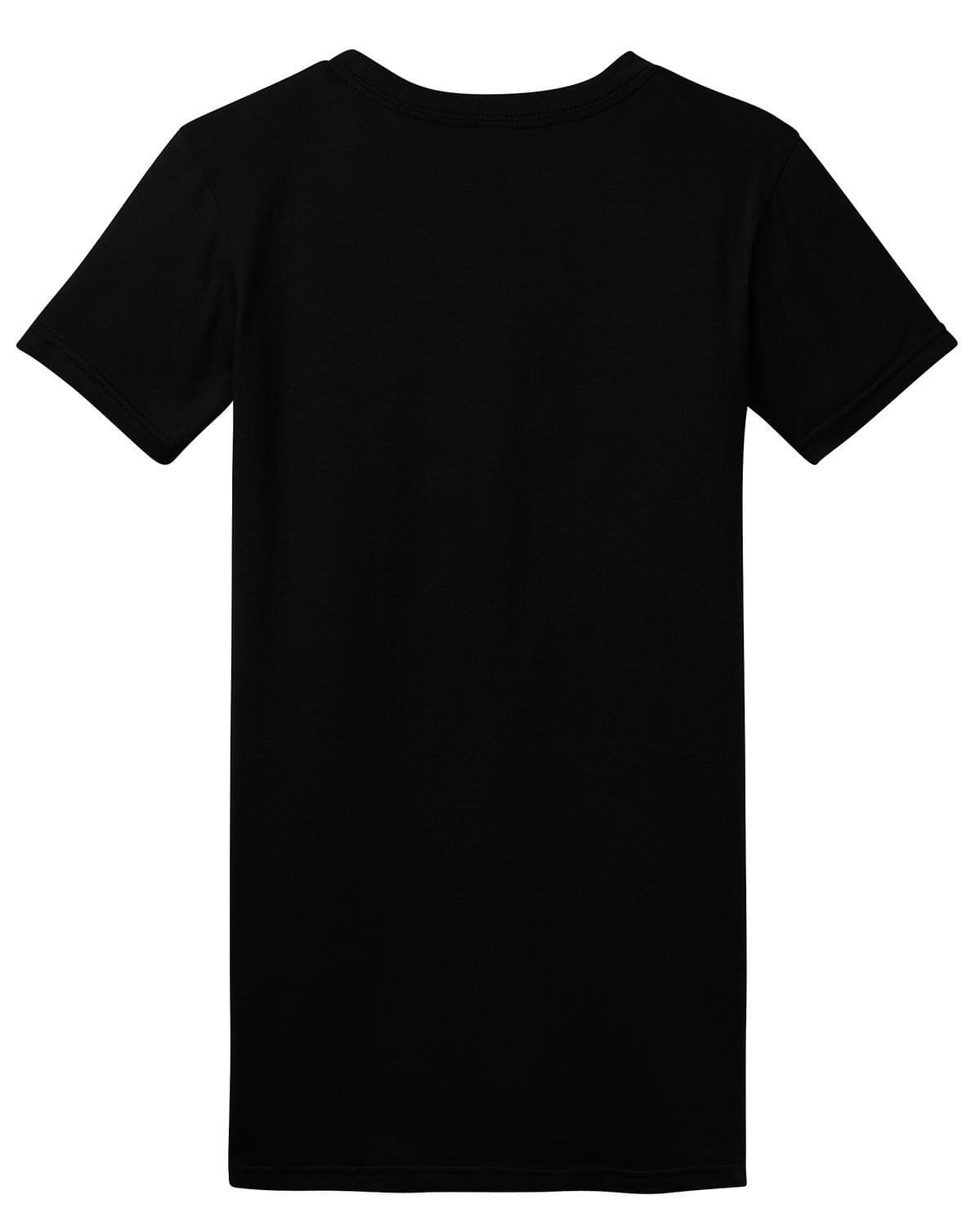 A black juniors t-shirt with a classic fit and short sleeves, featuring a logo on the back.