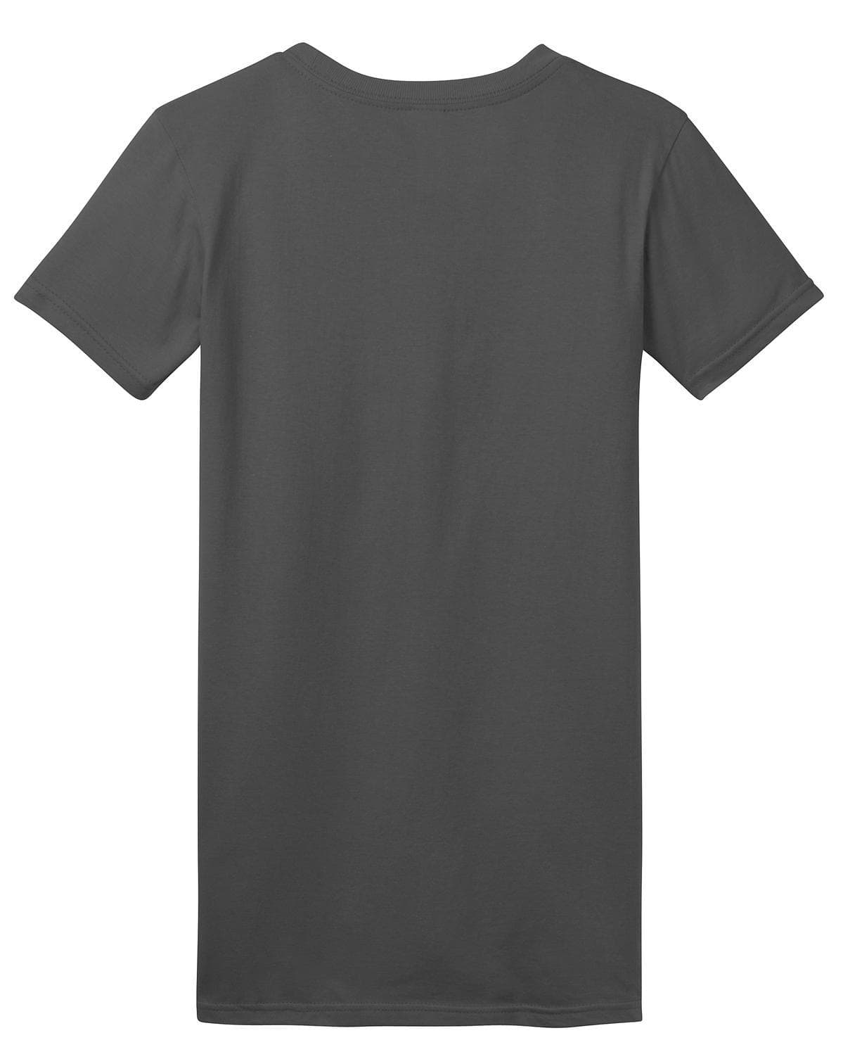 A grey juniors' T-shirt featuring a simple design and a logo on the back.