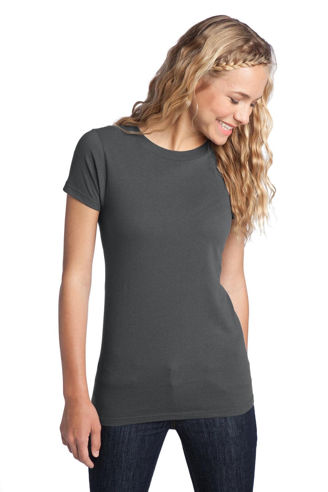 A fitted juniors' t-shirt in dark grey, featuring short sleeves and a classic round neckline.