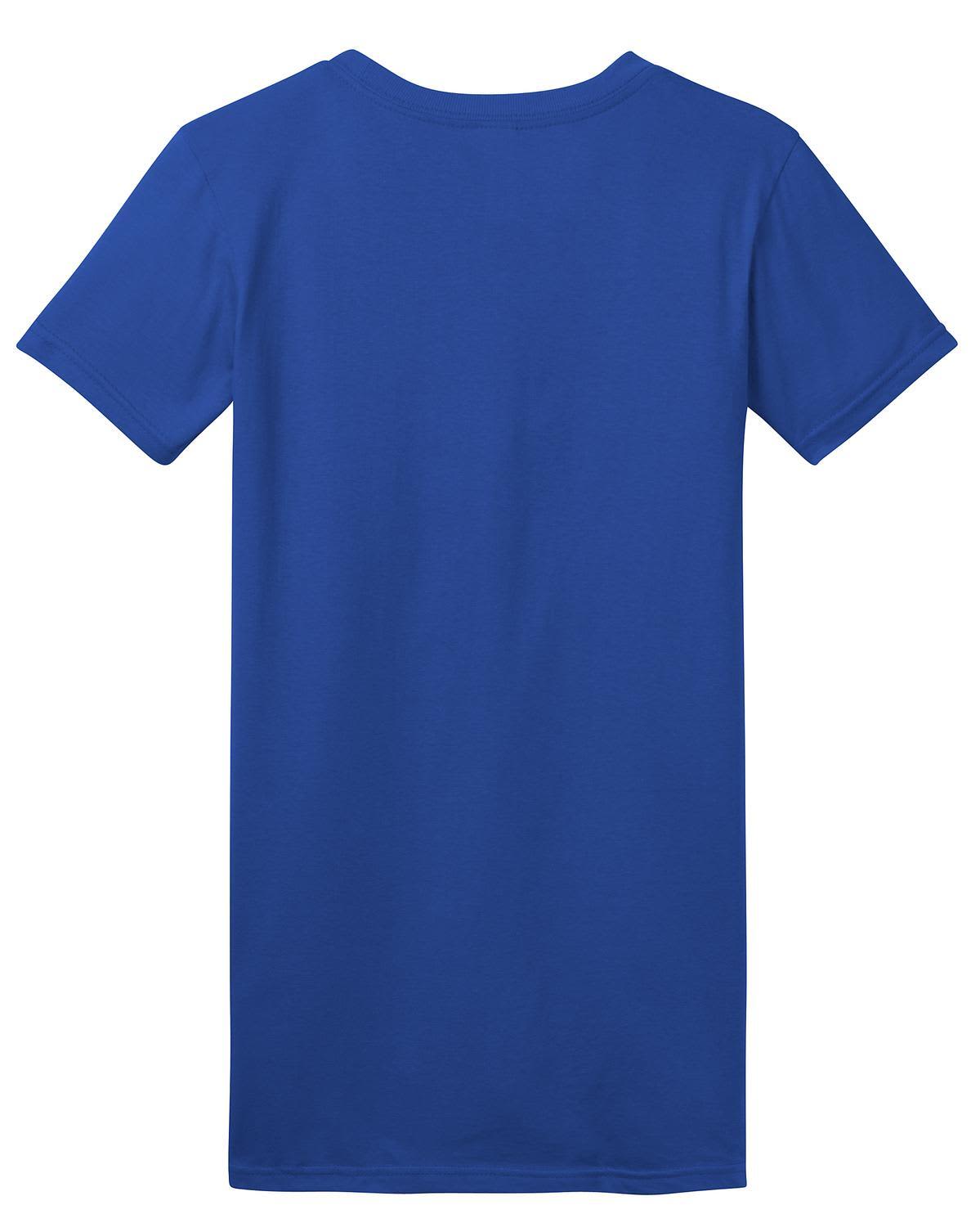 A blue juniors t-shirt with a short sleeve and a plain back. It features a logo at the neckline.