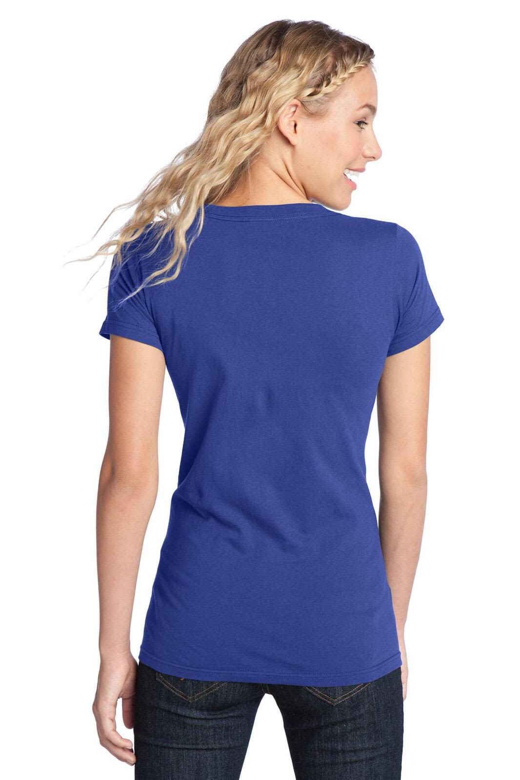A blue juniors' concert tee is displayed, featuring a fitted style and short sleeves, with a model seen from the back.