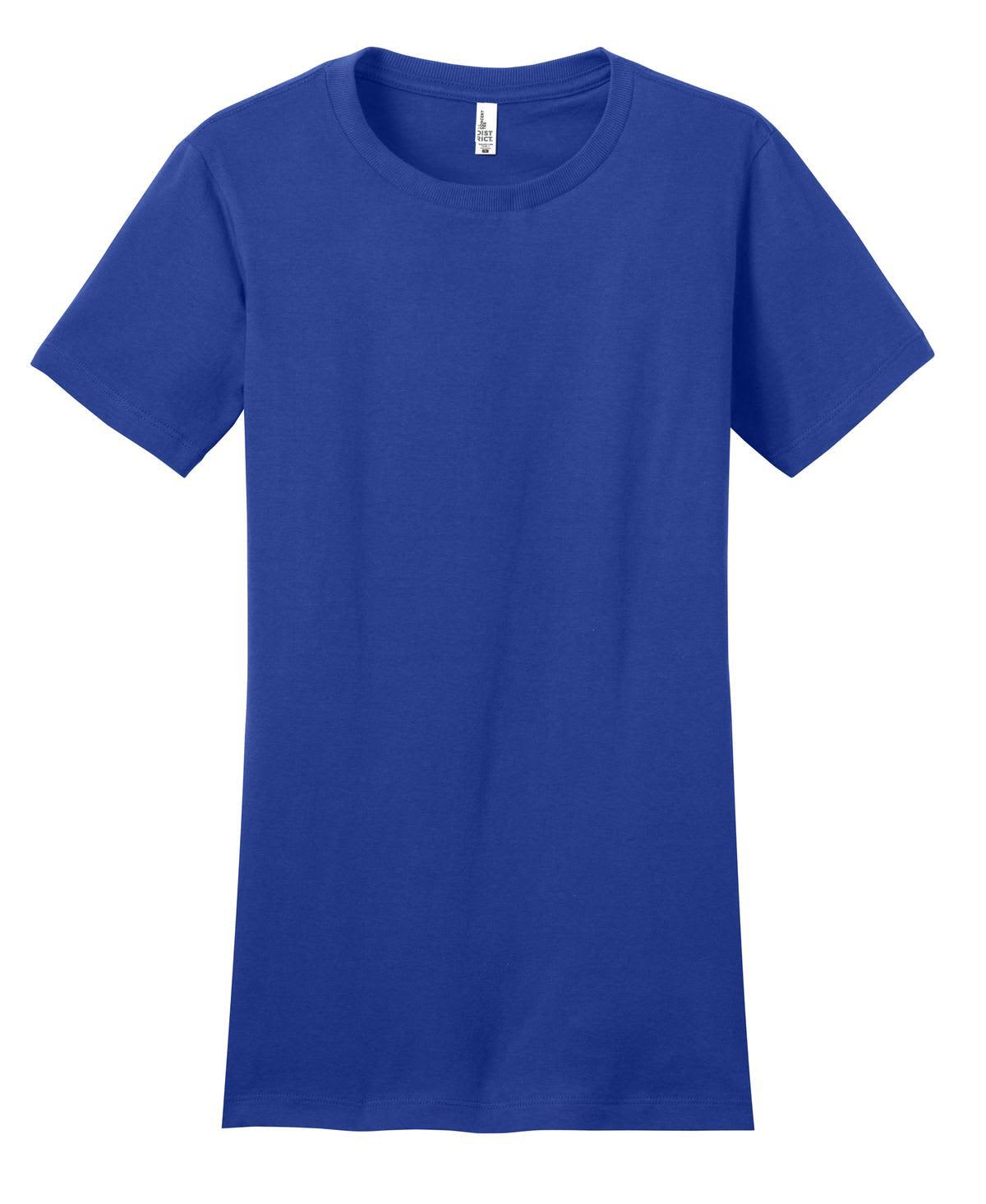 A blue juniors' T-shirt with a classic crew neck and short sleeves, featuring a logo on the label.