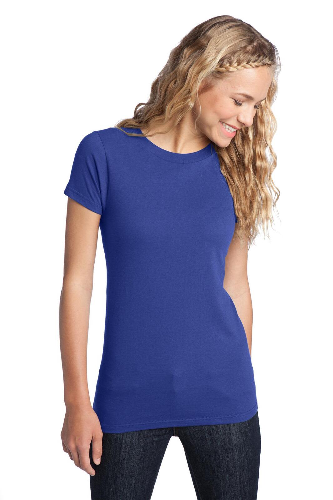 A blue juniors' concert tee with short sleeves, featuring a fitted design and a round neckline.