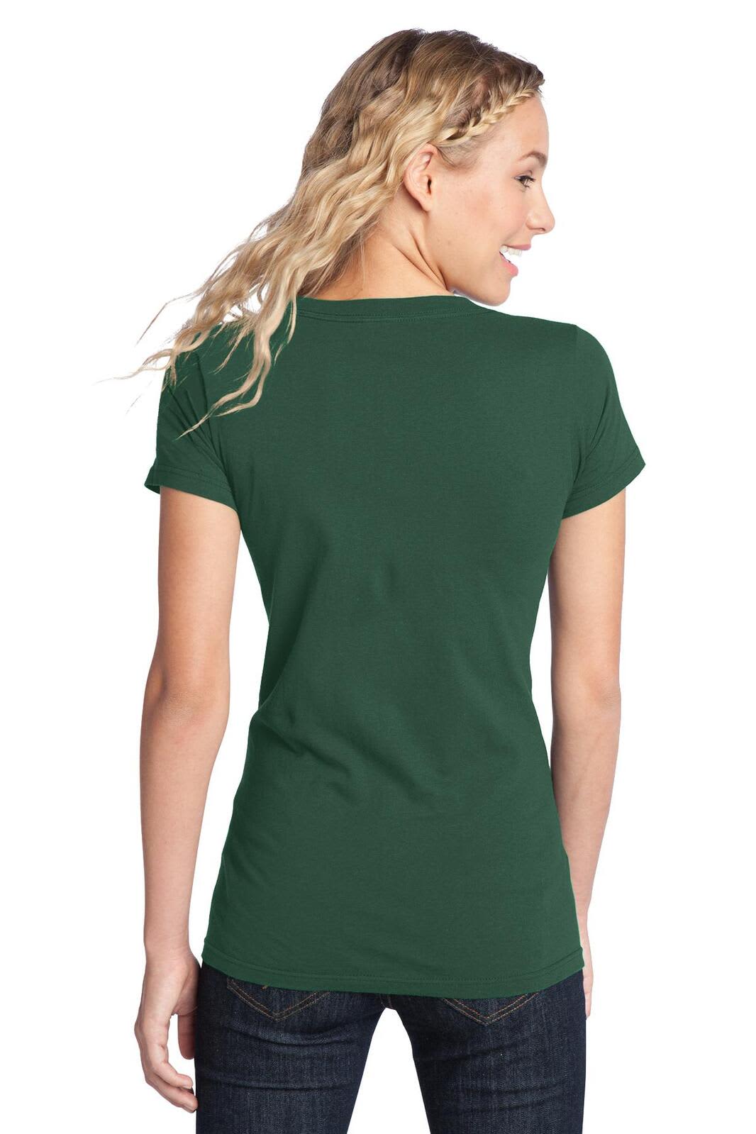 A green juniors t-shirt with short sleeves, displayed from the back on a model. Features a logo.
