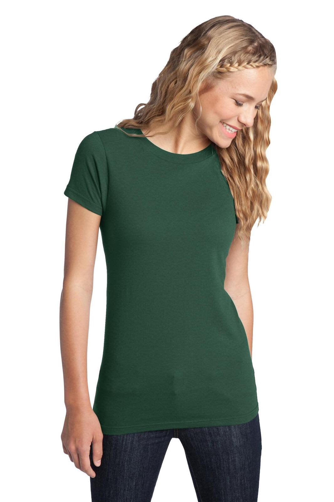 A green juniors' t-shirt with a classic crew neckline and short sleeves, featuring a fitted design.