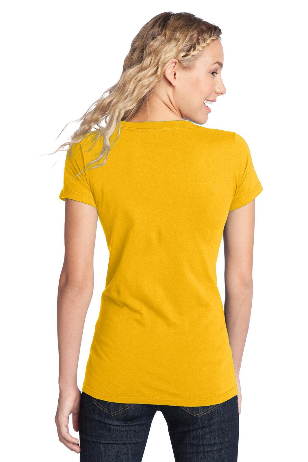 A woman is wearing a vibrant yellow juniors' concert tee shirt, viewed from the back. The shirt has a fitted style.