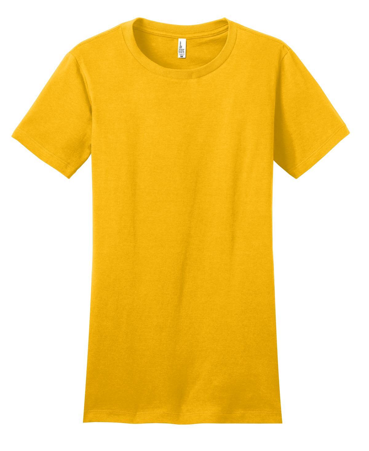 A yellow juniors' concert tee with a classic crew neckline and short sleeves. It features a logo on the label.