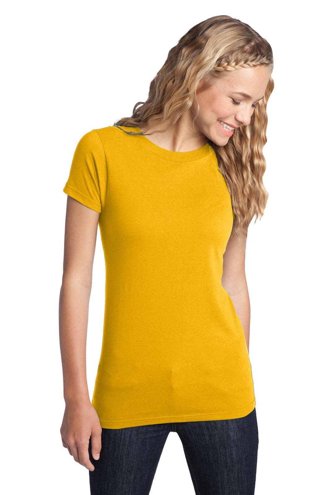 A yellow juniors T-shirt with short sleeves, featuring a fitted design and a logo.