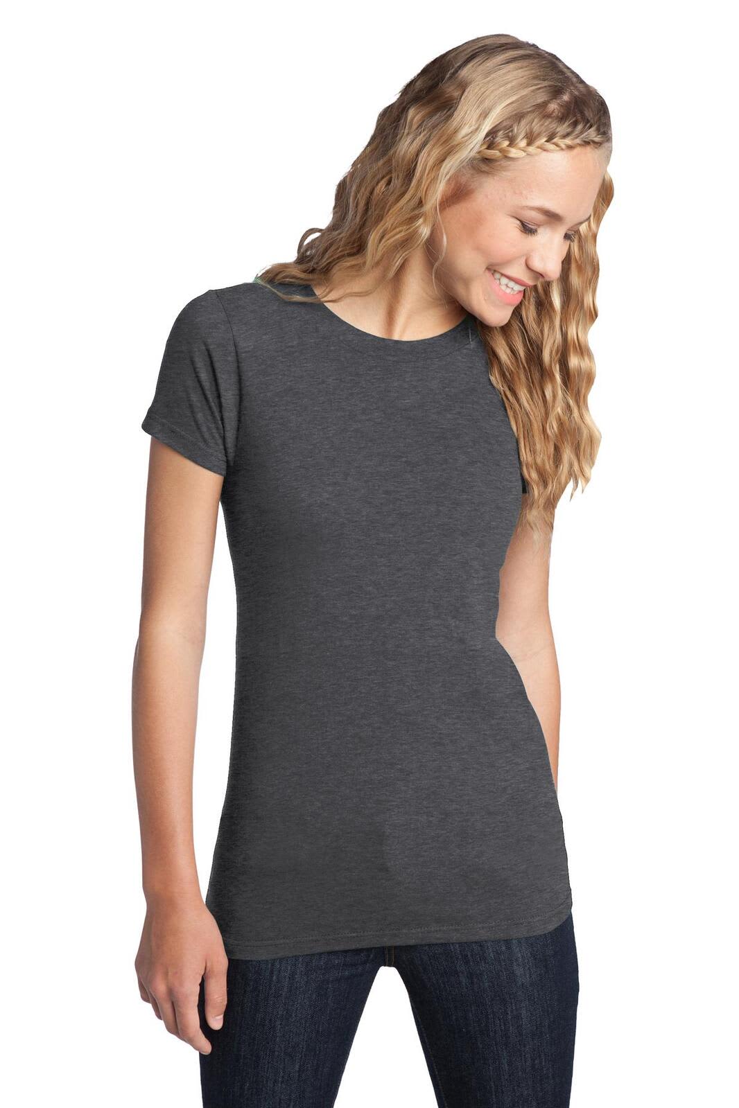 A grey juniors' t-shirt with short sleeves, featuring a fitted style and a branding logo.