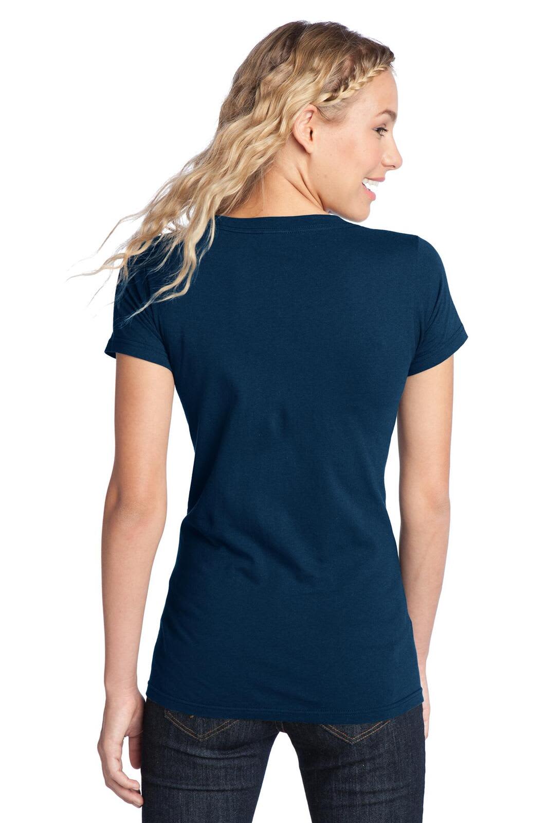 A navy blue juniors t-shirt with a fitted design, featuring short sleeves and a crew neck.
