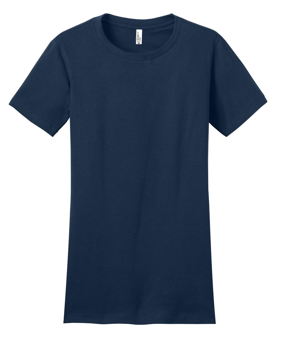 A navy blue juniors' t-shirt with a classic crew neck and short sleeves, featuring a logo.