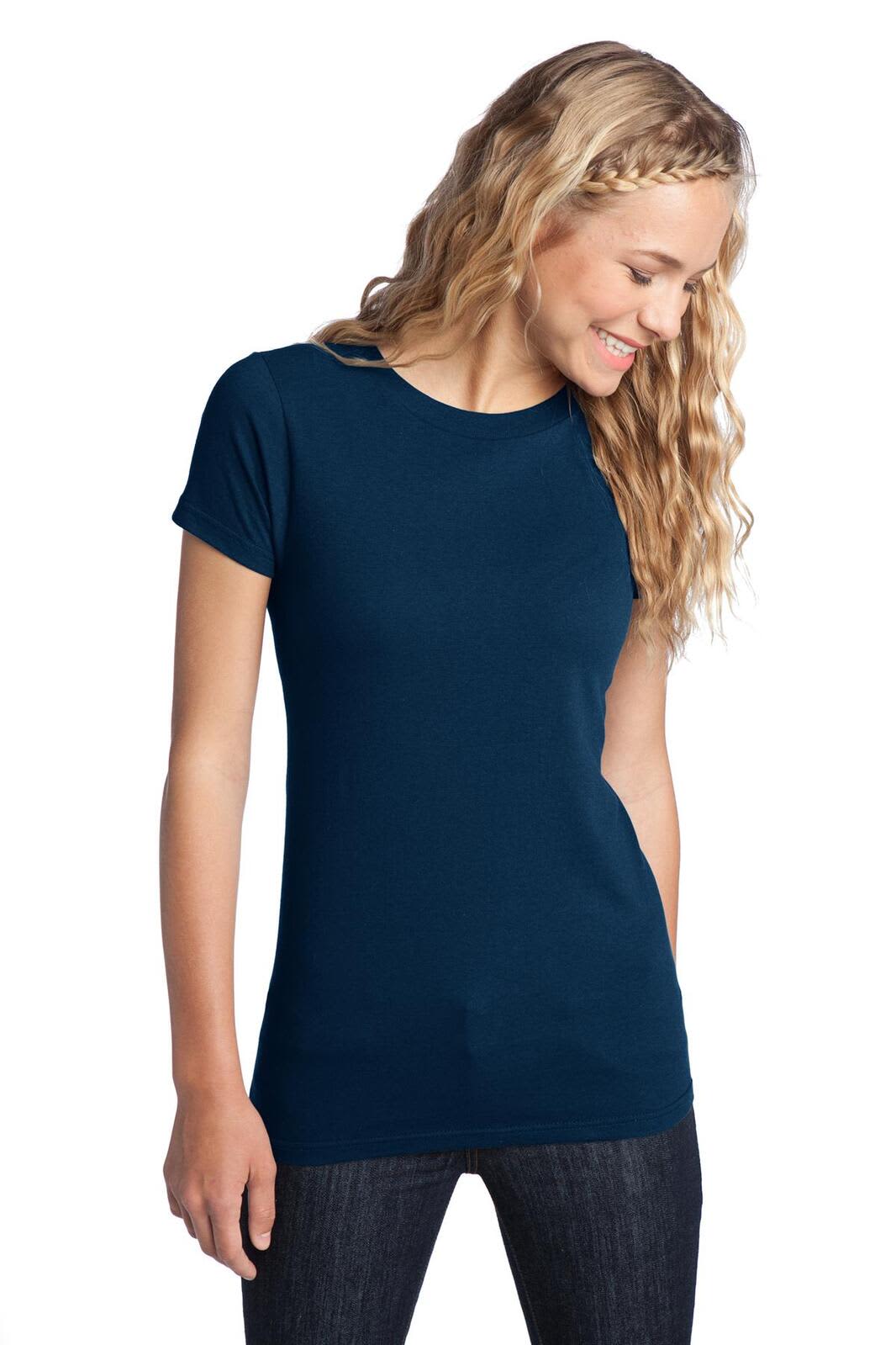 A navy blue juniors t-shirt with a fitted design, featuring a crew neck and short sleeves.