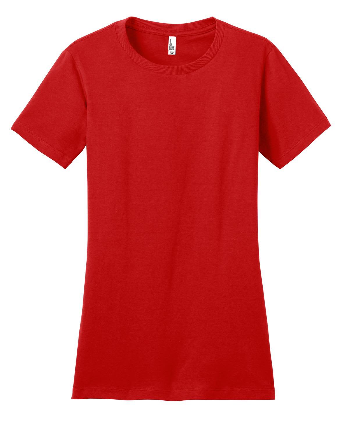 A red juniors t-shirt with a classic crew neckline and short sleeves, featuring a brand logo.