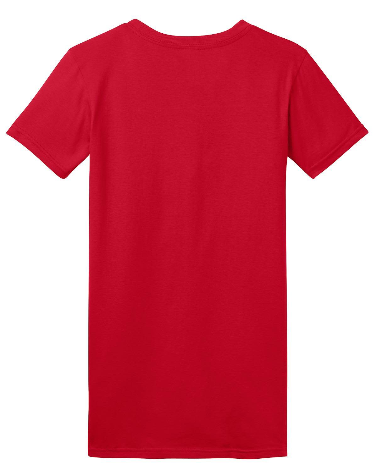 A red juniors' t-shirt with a standard short sleeve design and a plain back. It features a logo on the front.