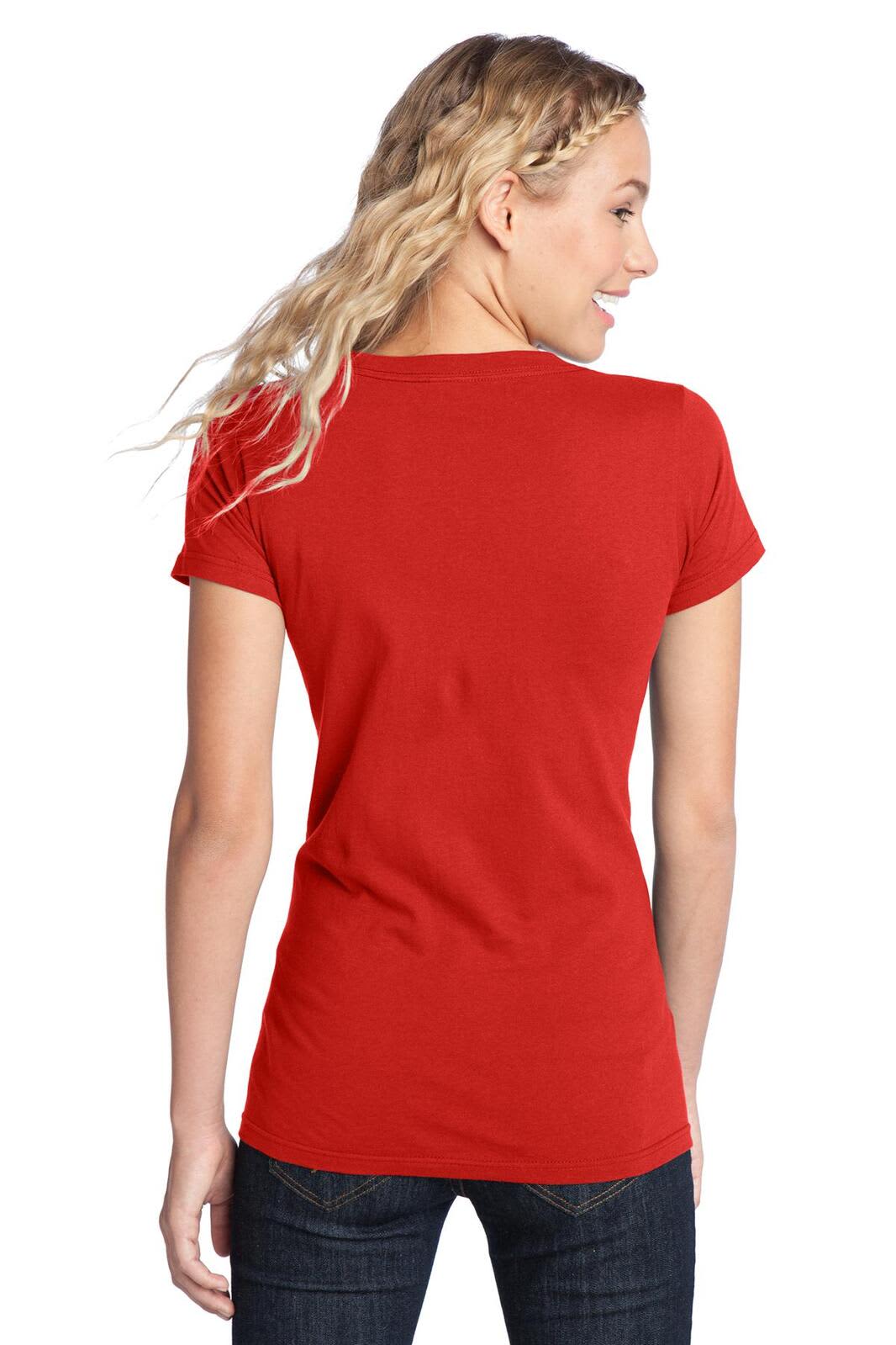 A red juniors' concert tee, featuring a fitted style and short sleeves, displayed from the back.