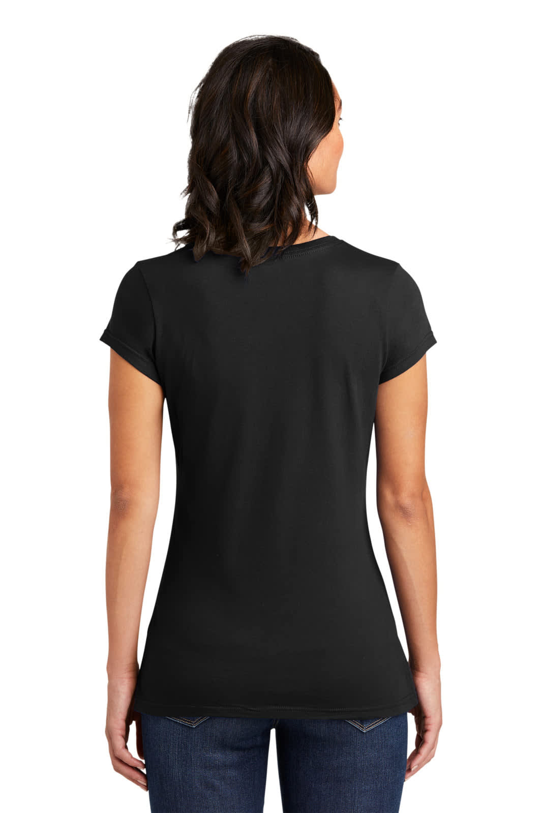 A black juniors' t-shirt, fitted style, displayed from the back, featuring short sleeves and a smooth design.