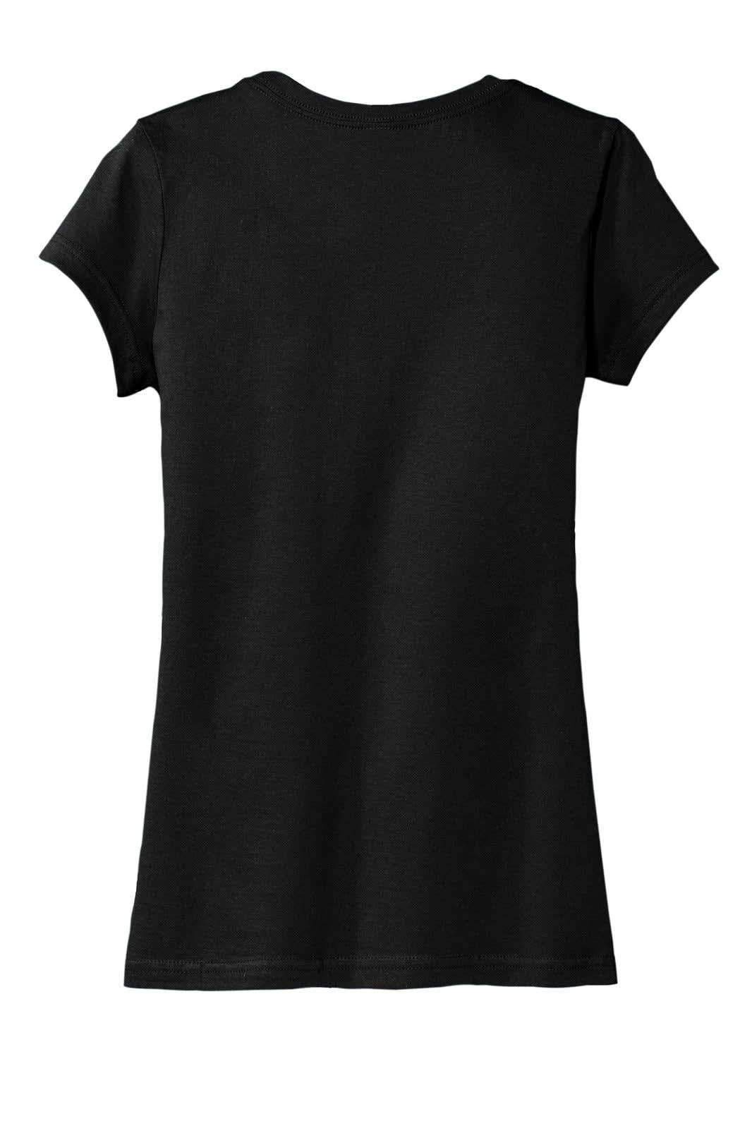 A black juniors t-shirt featuring a classic fit, with a smooth, plain back and short sleeves.