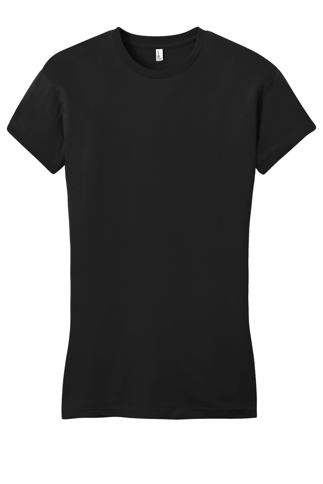 A black juniors' t-shirt with a fitted silhouette and short sleeves. It features a logo on the label.