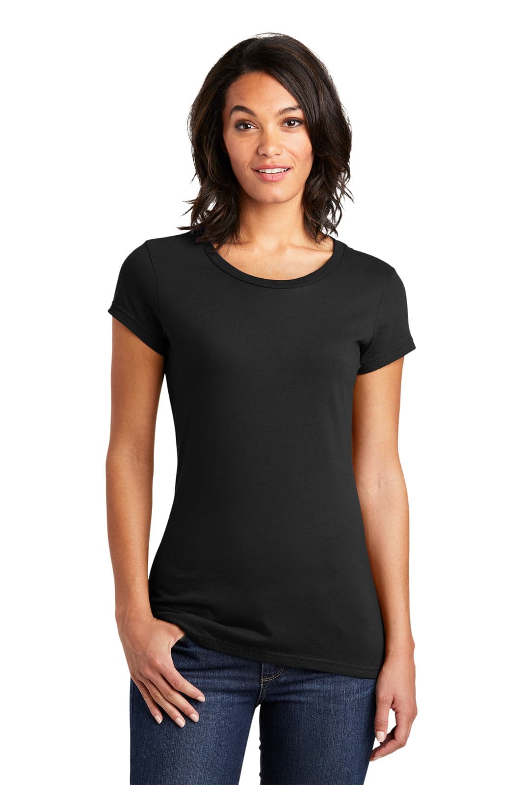 A black juniors' t-shirt featuring a fitted design and a rounded neckline, with a model displaying it.