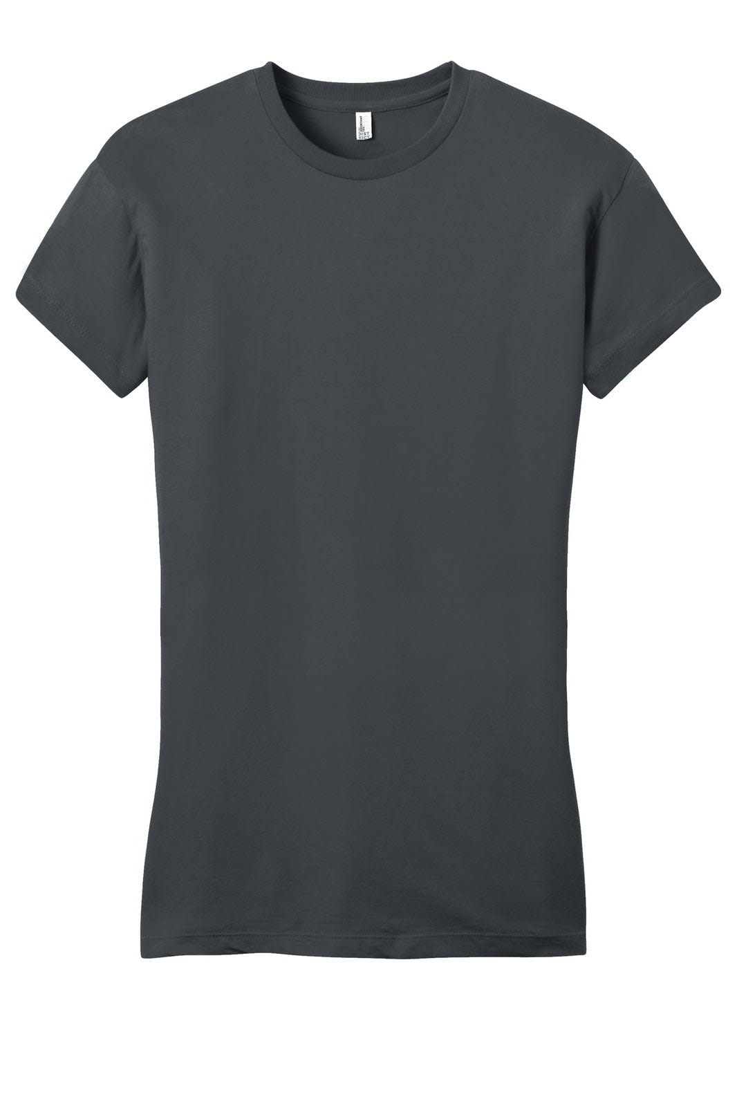 A dark grey juniors' t-shirt featuring a fitted design and short sleeves, with a branding label on the inside.